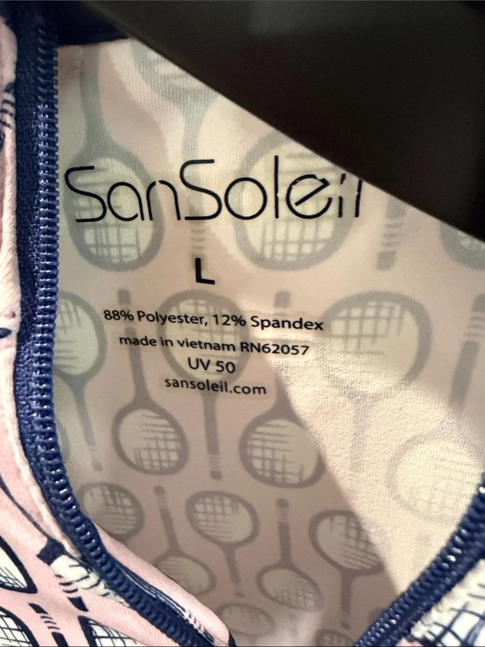 Women’s San Soleil upf 50 Pink Tennis Print Zip-Front Jacket size large